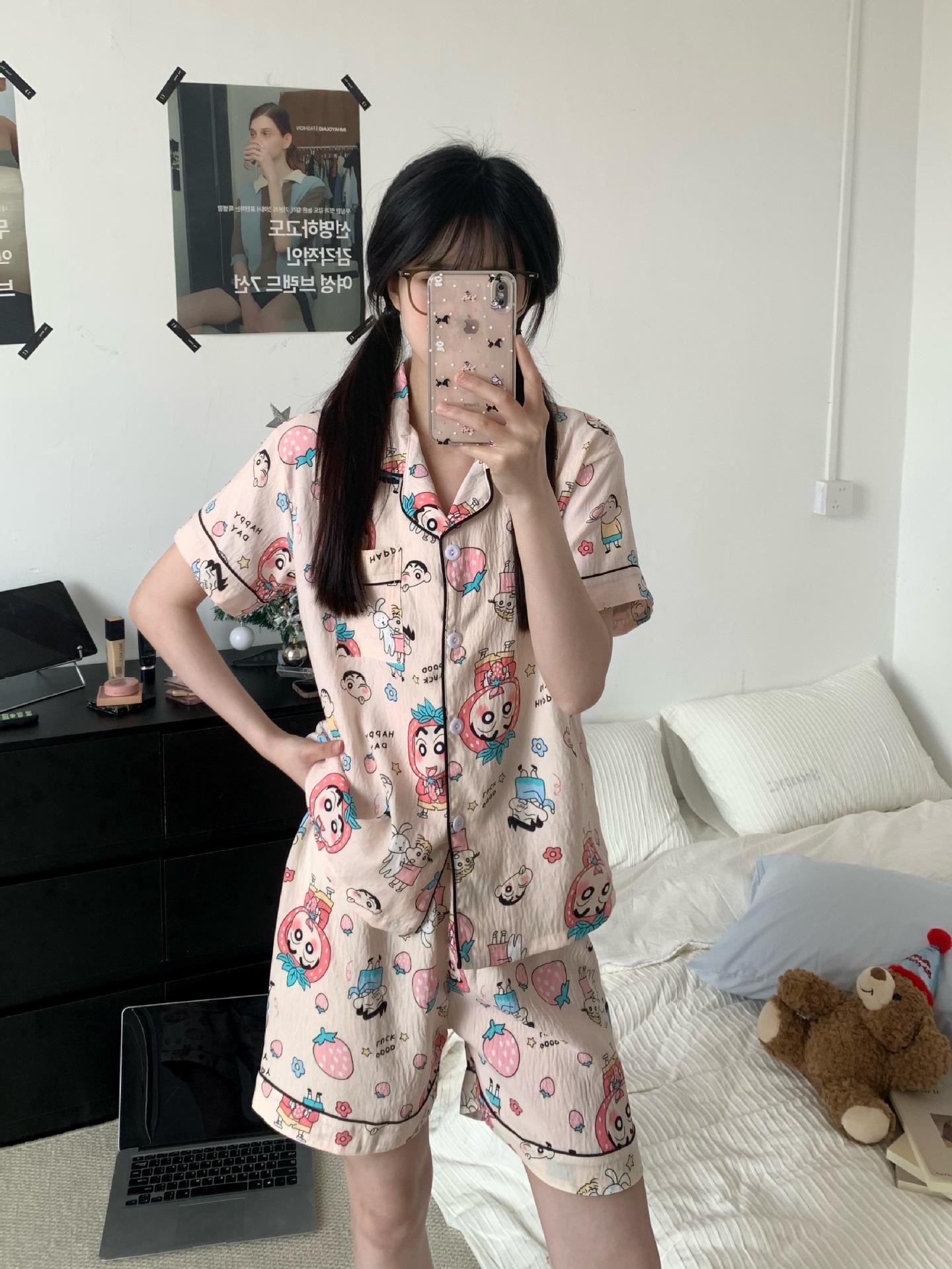 

Women s Sweet Summer Pajama Set with Small Lapel & Double Sleeves in Pure Cloud Cotton M-L