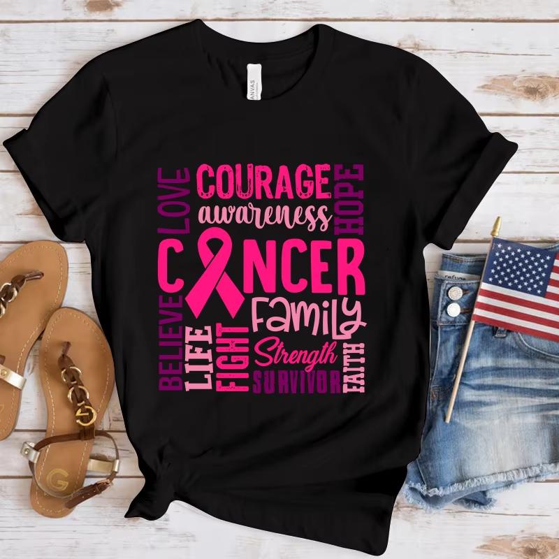 

Hot Breast Cancer Awareness Cancer Letter Printed T Shirts Women Unisex Casual Short Sleeve Summer Tops S
