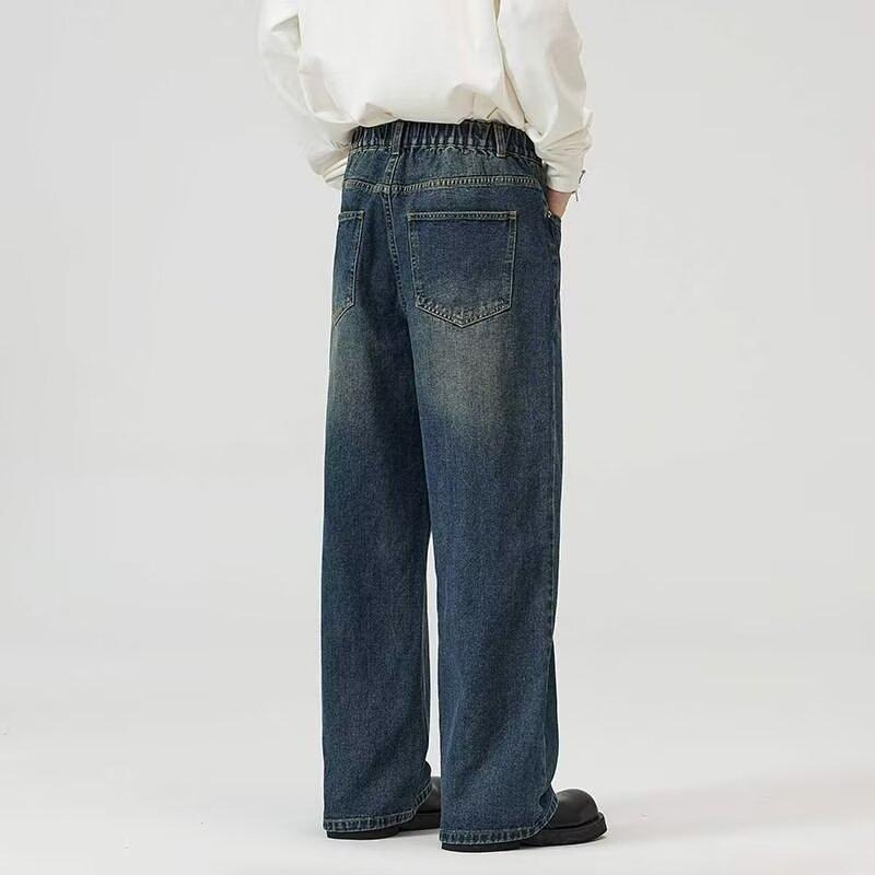Jeans Autunnali a Gamba Dritta da Uomo Lavati Casual alla Moda di Marca Senso del Design High Street, Robusti e Belli Retrò con Pieghe a Lunghezza Pavimento