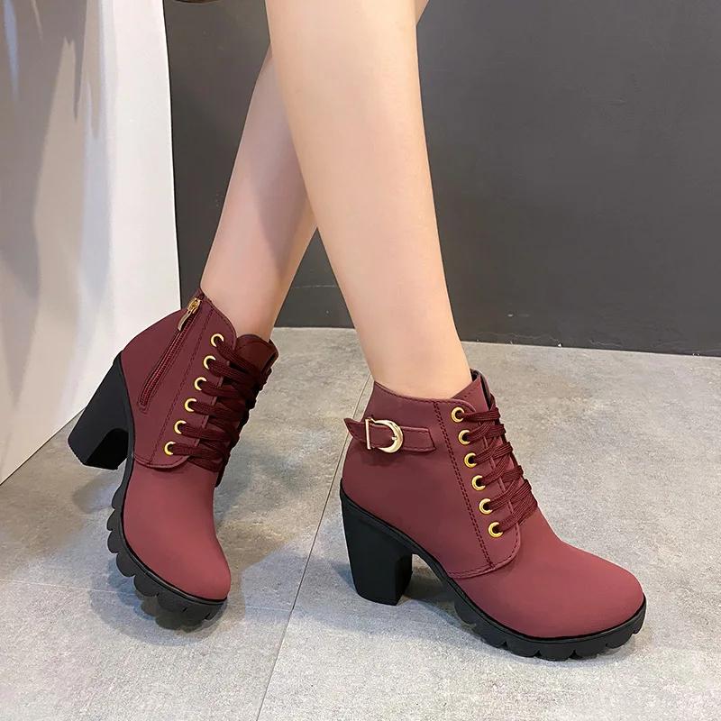 Fashion Women Boots Lace Up Ankle Boots Spring Fashion Outdoor Pumps Boots Black Buckle High Heel Boot Plus Size Platform Women Shoes
