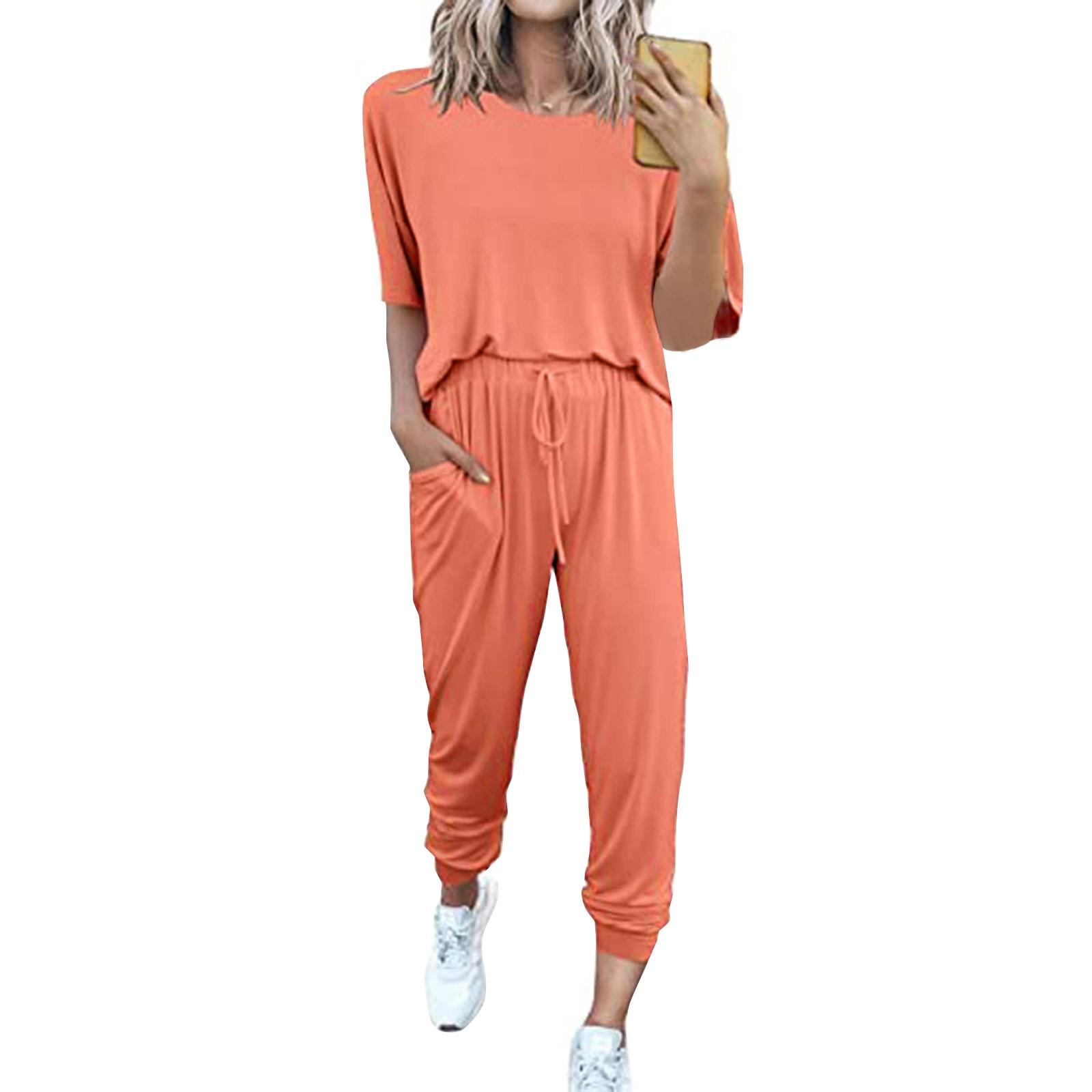 

Жіночий вільний пуловер з круглим вирізом, повсякденний модний костюм з короткими рукавами і довгими брюками XL кавун червоний колір