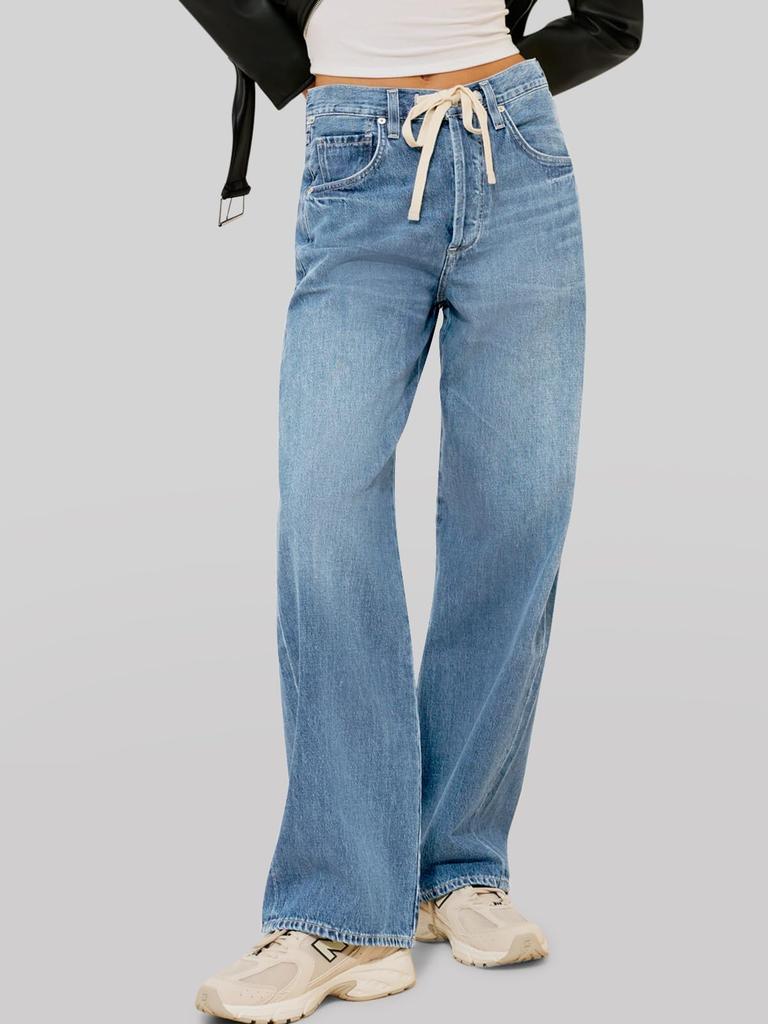 Damen High Waist Baggy Weite Beine Jeans Kordelzug Boyfriend Denim Hose