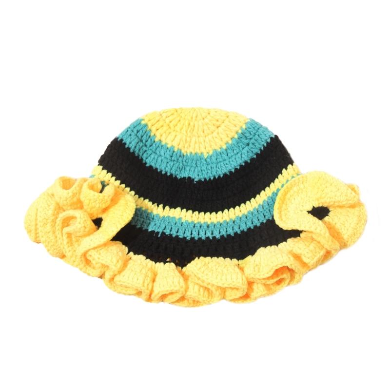 Hand Crochet Bucket Hat with Ruffled Edge Warm Fisherman Hat Ethnic Flower Hat Headwear for Women Winter Elegances
