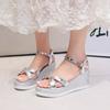 Fashion Gold Silver Pu Leather Wedges Sandals for Women Cross Band Crystal Ankle Buckle Party Shoes Thick Sole Chunky Platform Shoes