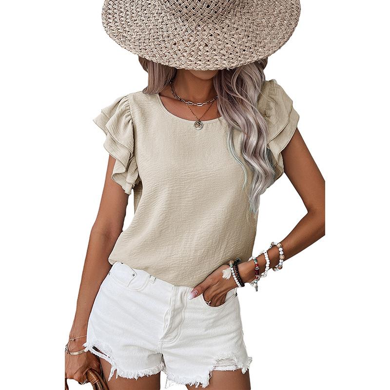 2026 Petal Sleeve Round Neck Short Sleeve T-shirt Fashion Women O Neck Summer Blouse Short Sleeve Elegant Solid Color Casual Ruffled Tops Ladies Shirt