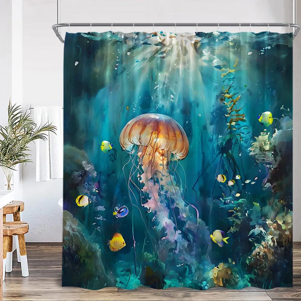 Sea Animals Shower Curtain 3D Dolphin Turtle Octopus Jellyfish Undersea World Bathroom Decoration Kids Polyester Bathtub Curtain