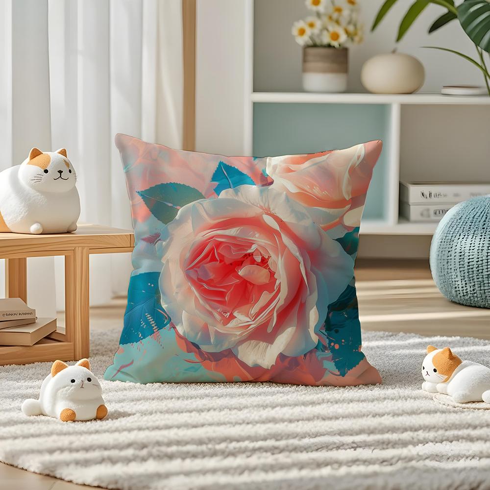 Abstract Rose Flower Pillow Case Silky Elegant Comfort Sofa Bed Invisible Zipper