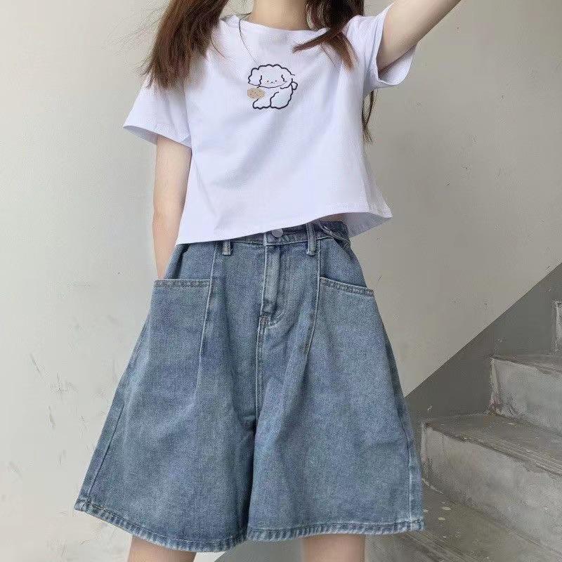 Korean Style Women's High Waist A-Line Denim Shorts - Summer Loose Fit, Wide-Leg Hot Pants