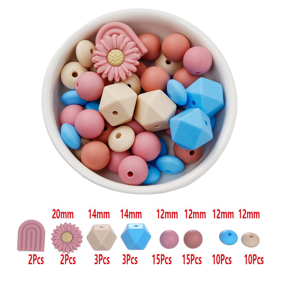 60Pcs Silicone Beads Set Flower Octagonal Round Teething Beads For DIY Handmade Baby Necklace Bracelet Pacifier Chain Accessorie