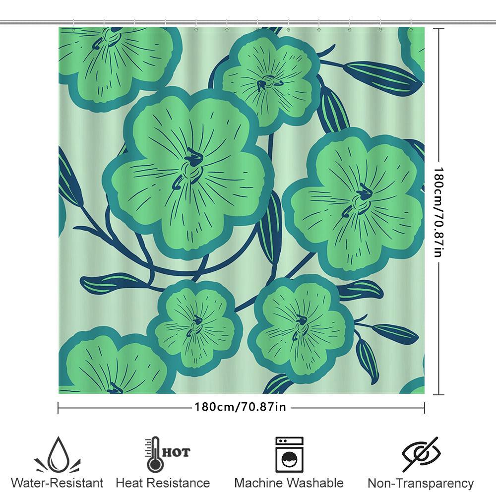 Green Blue Flower Print Shower Curtain, Polyester Fabric Bathroom Decor Waterproof Liner for Home Decoration in Bathrooms from