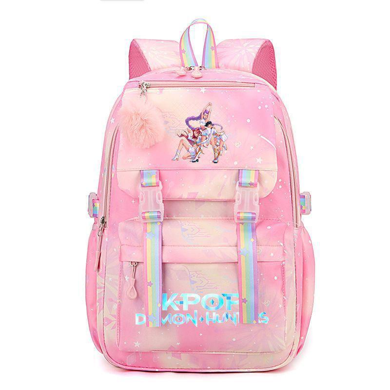 Korean Style School Backpack Teenagers Large Capacity Nylon Bookbag With Padded Straps Cartoon Print Unisex Student Bag