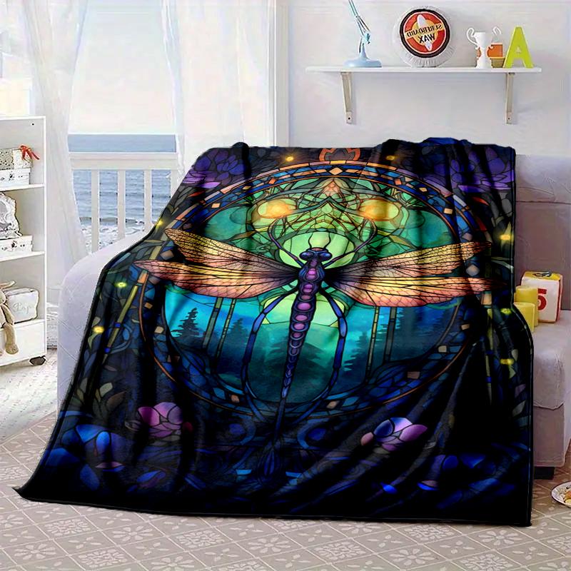 Stained Glass Dragonfly Garden Blanket Flannel Blanket for bed, sofa, Camping, Hiking, Picnic Essentials, gift for family Fan gifts
