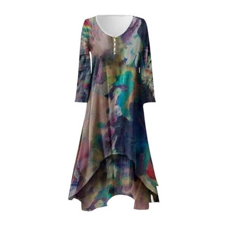 Summer Floral Boho Dress for Women Maxi Long Sleeve V-Neck Layered A-Line Irregular Hem Plus Size Flowy Dress S
