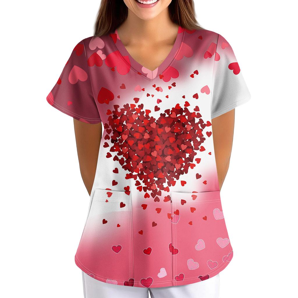 ÜbergrößeBedruckte Kasack Arbeitsuniform Oberteile für Damen V-Ausschnitt mit Überkreuzung Print Kurzarm Lustige T-Shirts Arbeitskleidung T-Shirt mit Taschen