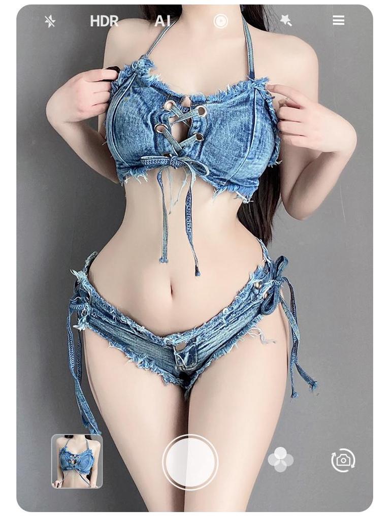 Ripped Denim Open-Crotch Shorts - Sexy Low-Waist Lingerie for Nightclub Temptation