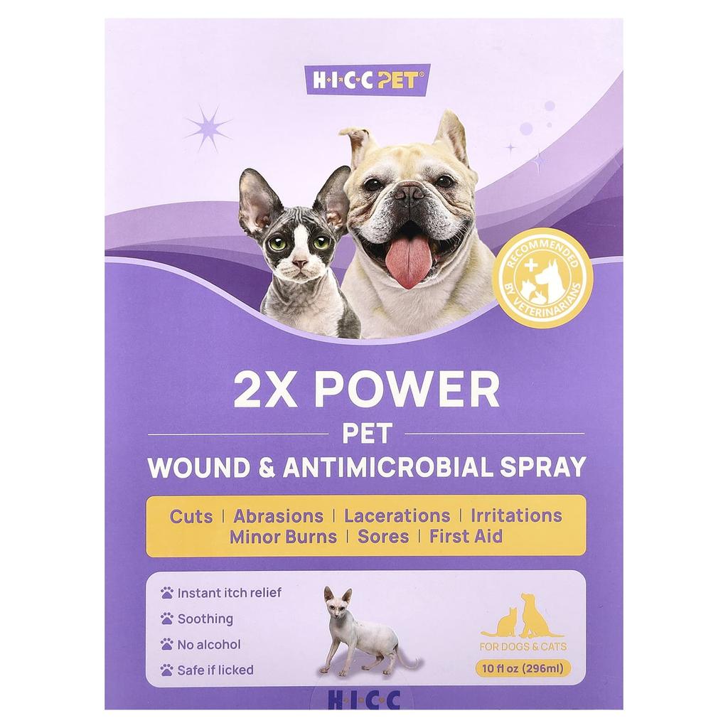 HICC Pet, 2X Power Pet Wound and Antibacterial Spray, for Dogs and Cats, 296 ml (10 fl oz)