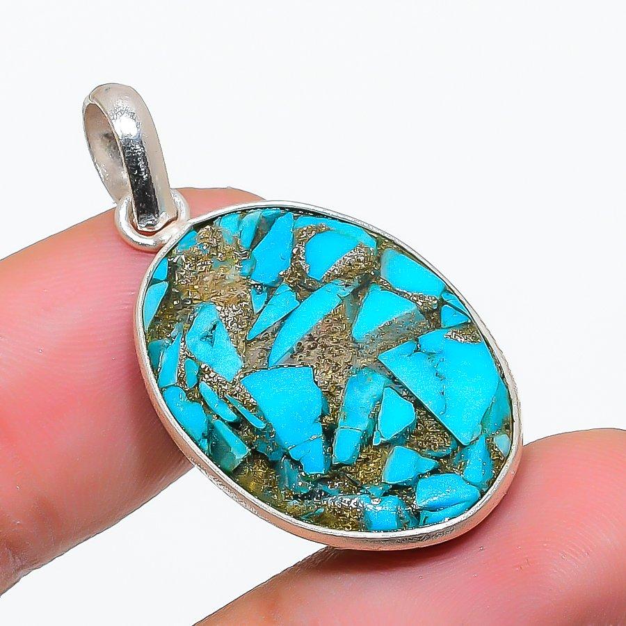 Copper Blue Turquoise 925 Solid Sterling Silver Jewelry Pendant 1.46" GK-5636