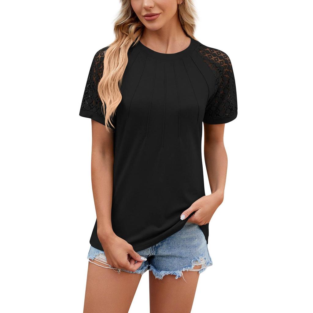 Women's Fashion Casual Color Lace Patchwork Short Sleeved T-shirt Top