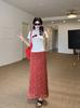 Plus Size Summer Vacation Set: Letter Print Short Sleeve T-Shirt & Red Floral Skirt