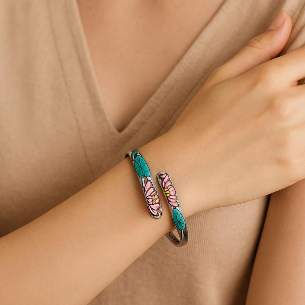 Adjustable Chinese Style Bracelets Charm Cloisonne Open Bangle Fashion Lotus Copper Bangle Gifts