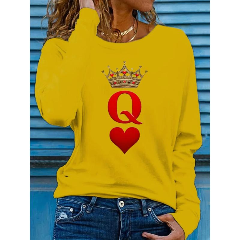 Women's Spring and Autumn Comfortable Casual Long Sleeved Playing Cards Q Queen Pattern Printed Round Neck T-shirts