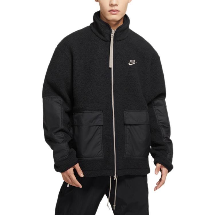 Nike Contrast Color Brand Logo Embroidery Logo Fleece Lined Stand Collar Jacket Men's Black DV8183-010