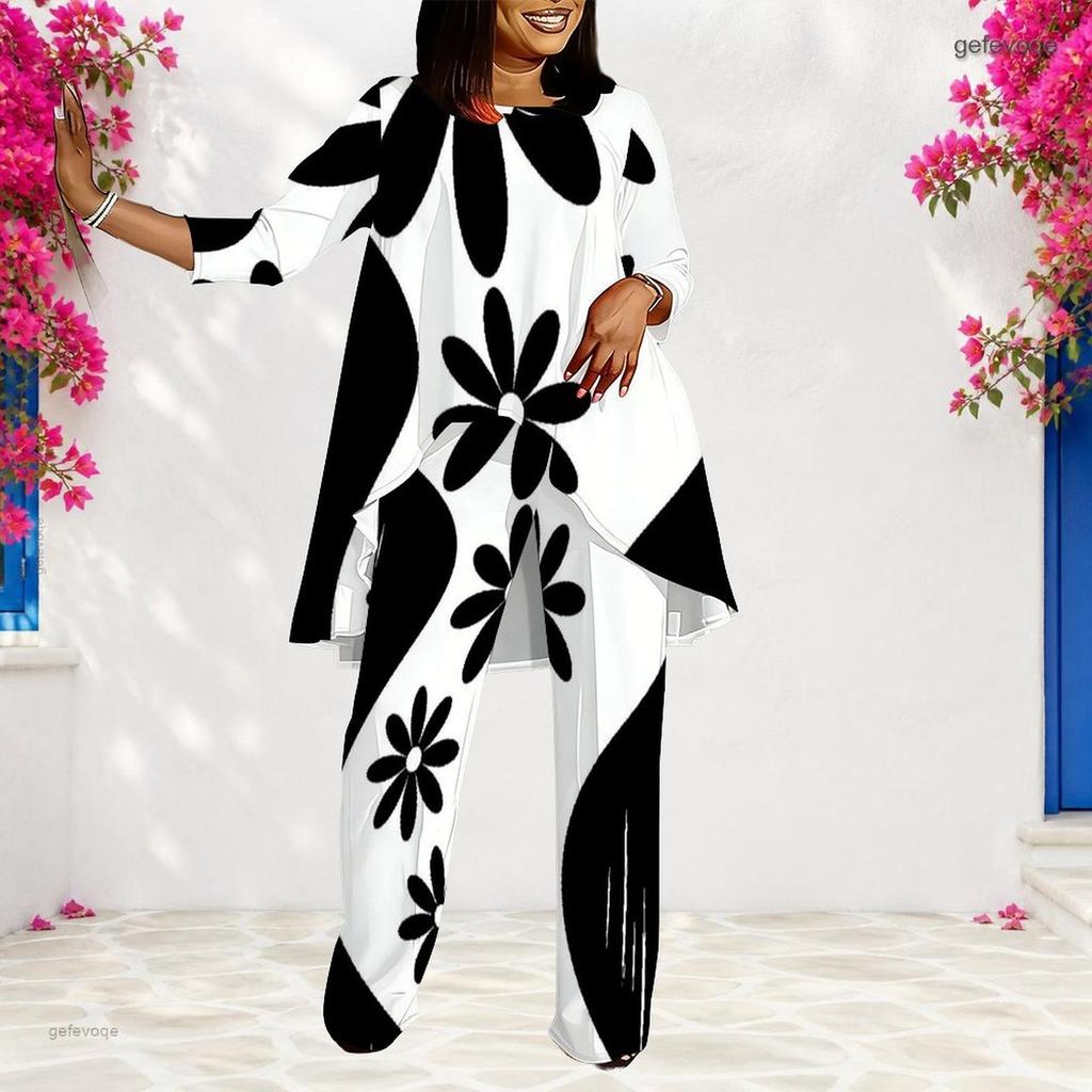 Women Plus Size Two Piece Set Round Neck Long Sleeve Black White Striped Printed Layered Top And Long Pants