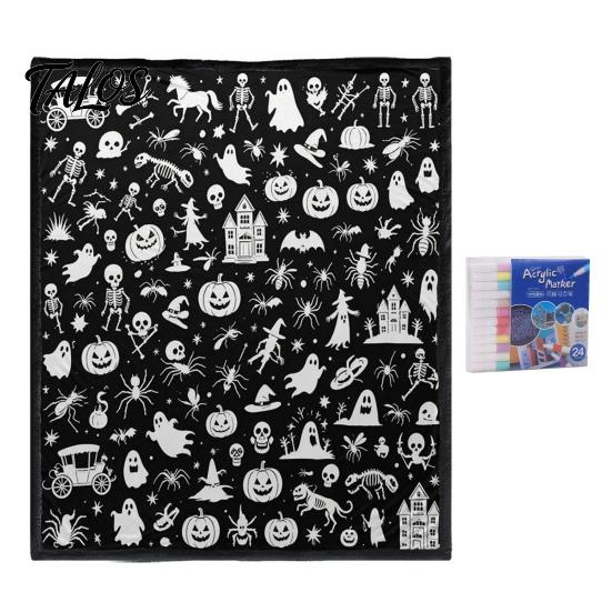 Interactive Coloring Art Gift Halloween DIY Blanket with 24 Markers, Washable Throw Blanket, Color Fabric Kit Your Own Spooky Pattern Mat for
