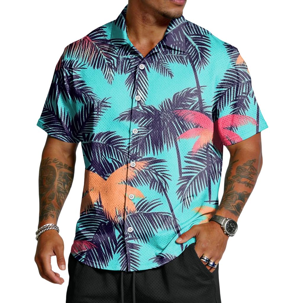 Men’s Short Sleeve Button Down Shirt with Palm Tree Print Casual Collared Relaxed Fit Lightweight Top for Summer