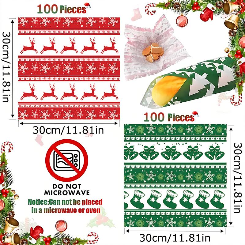 100PCS Christmas Food Parchment Paper Greaseproof Paper Holiday Burger Wrapping Sheets Festive Sandwich Packaging Paper 30x30cm