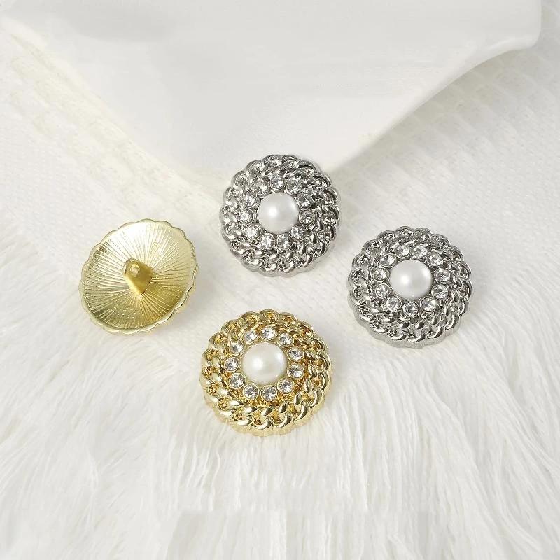 Luxury Hollow Out Pearl Rhinestone Metal Buttons 2Pcs for DIY Sewing Suit Dress Bag Decor Accessory