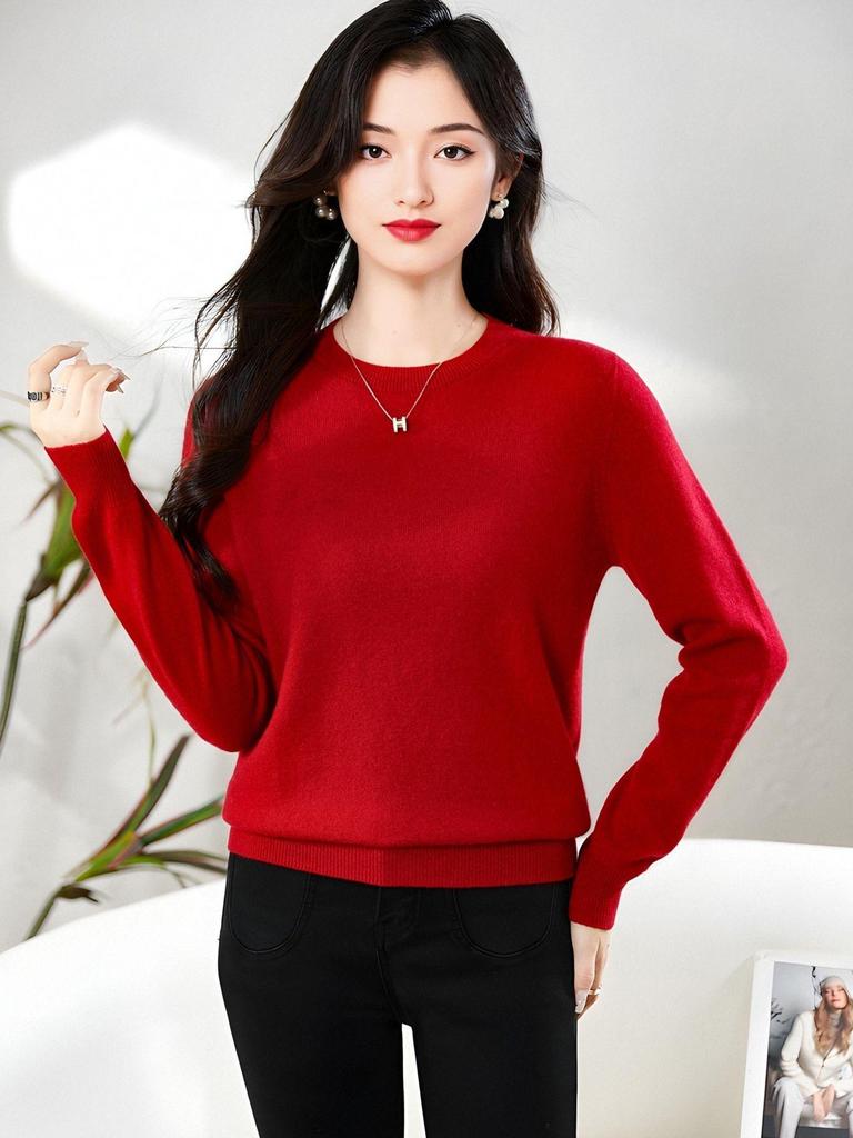 Dámský měkký kašmírový svetr s dlouhým rukávem a kulatým výstřihem - Módní, všestranný a pohodlný úplet.