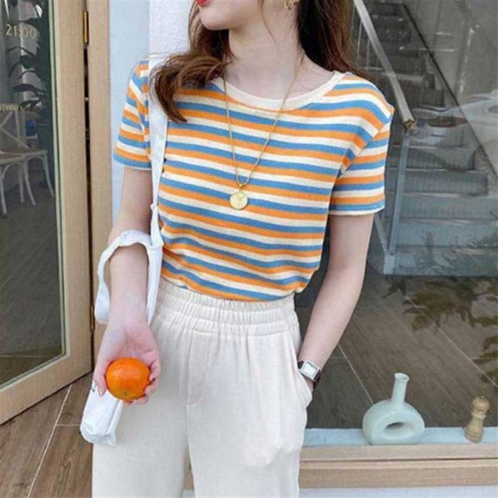 New ArrivalS Open Run Women S caSual Color Block Striped Round Neck Short Sleeve