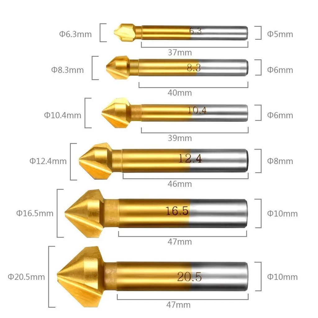 90 Degree Three Blade Full Grind Chamfer Cutter for Hole Enlargement Deburring Spot Facer Drill 6pc Woodwork Drill Bit Tool Set