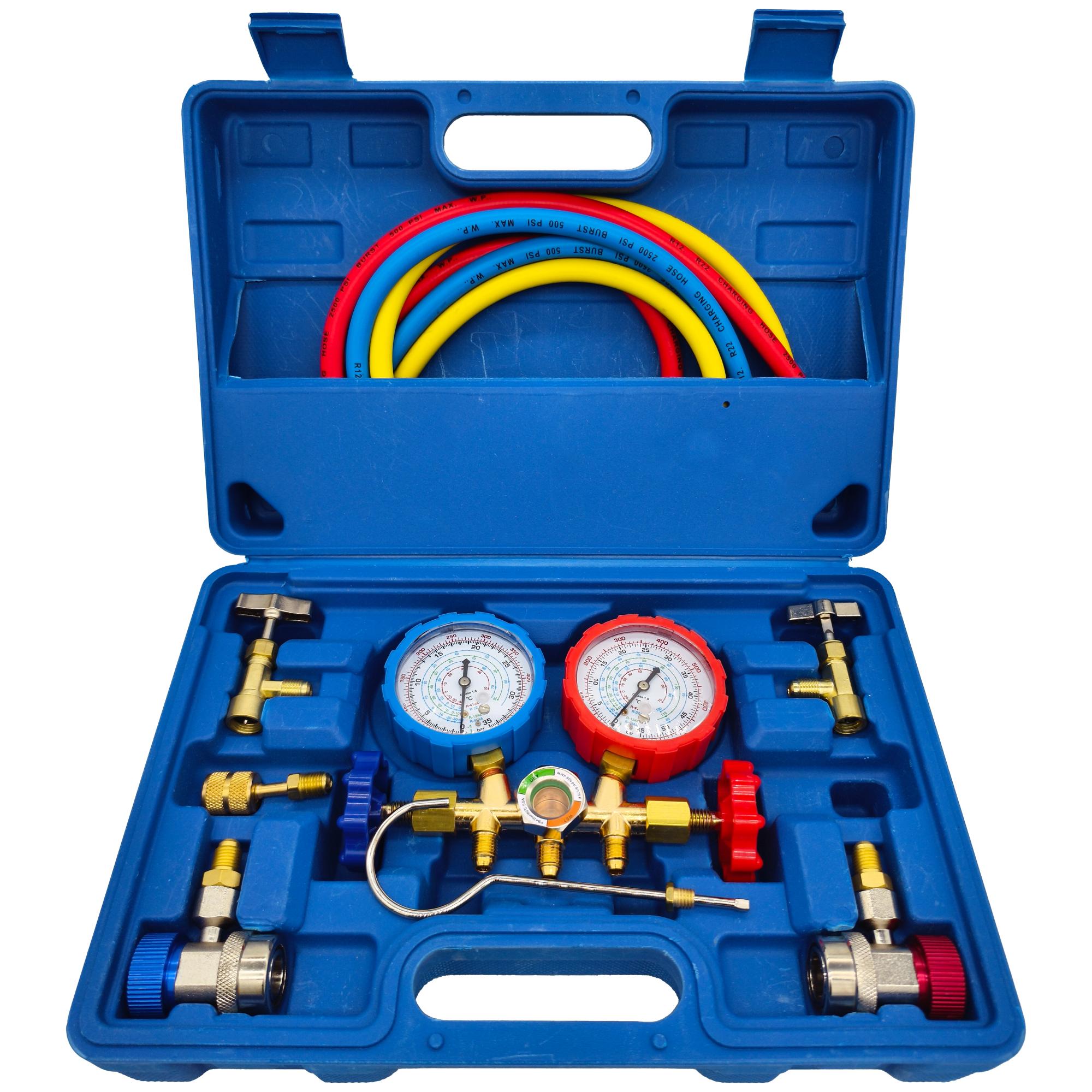 

Комплект манометрического коллектора для заправки автомобильных кондиционеров хладагентами R410A, R22, R134a, R404A