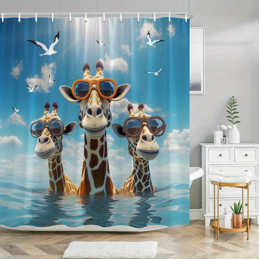 1Pc Playful Cgi Giraffes Ocean Shower Curtain Three Human-Like Giraffes Orange Fashion Glasses Radiant Sun Halo Blue Sky White