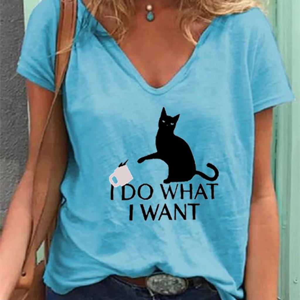 Fashion Spring  Kitten Print Blouses Short Sleeved V-Neck T Shirts Casual