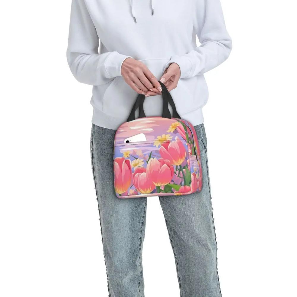 Red Tulip In The Beach Insulated Lunch Bag for Women Kids Leakproof Food Boxes Thermal Lunch Box Tote