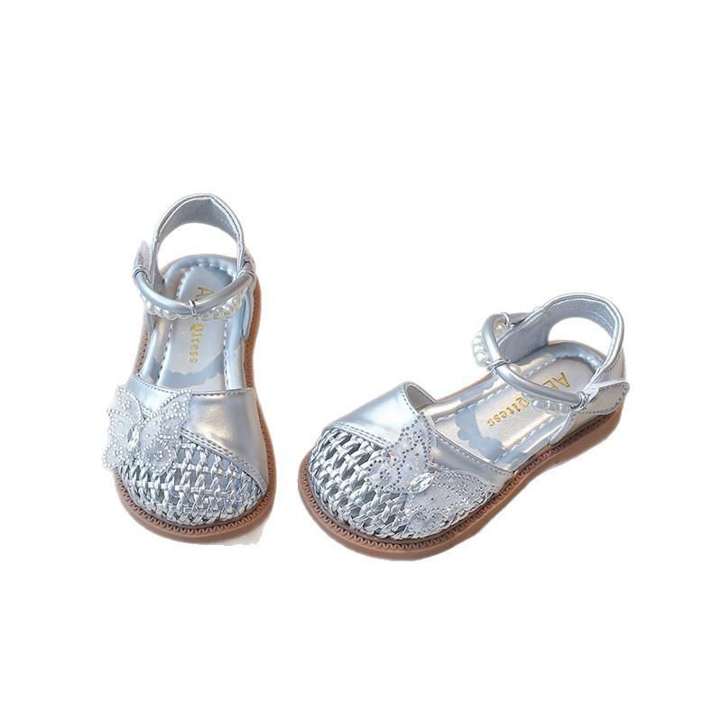 Leather Girls Bag Head Sandals Summer New Breathable Hollow Pearl Bow Soft Sole Children's Princess Shoes