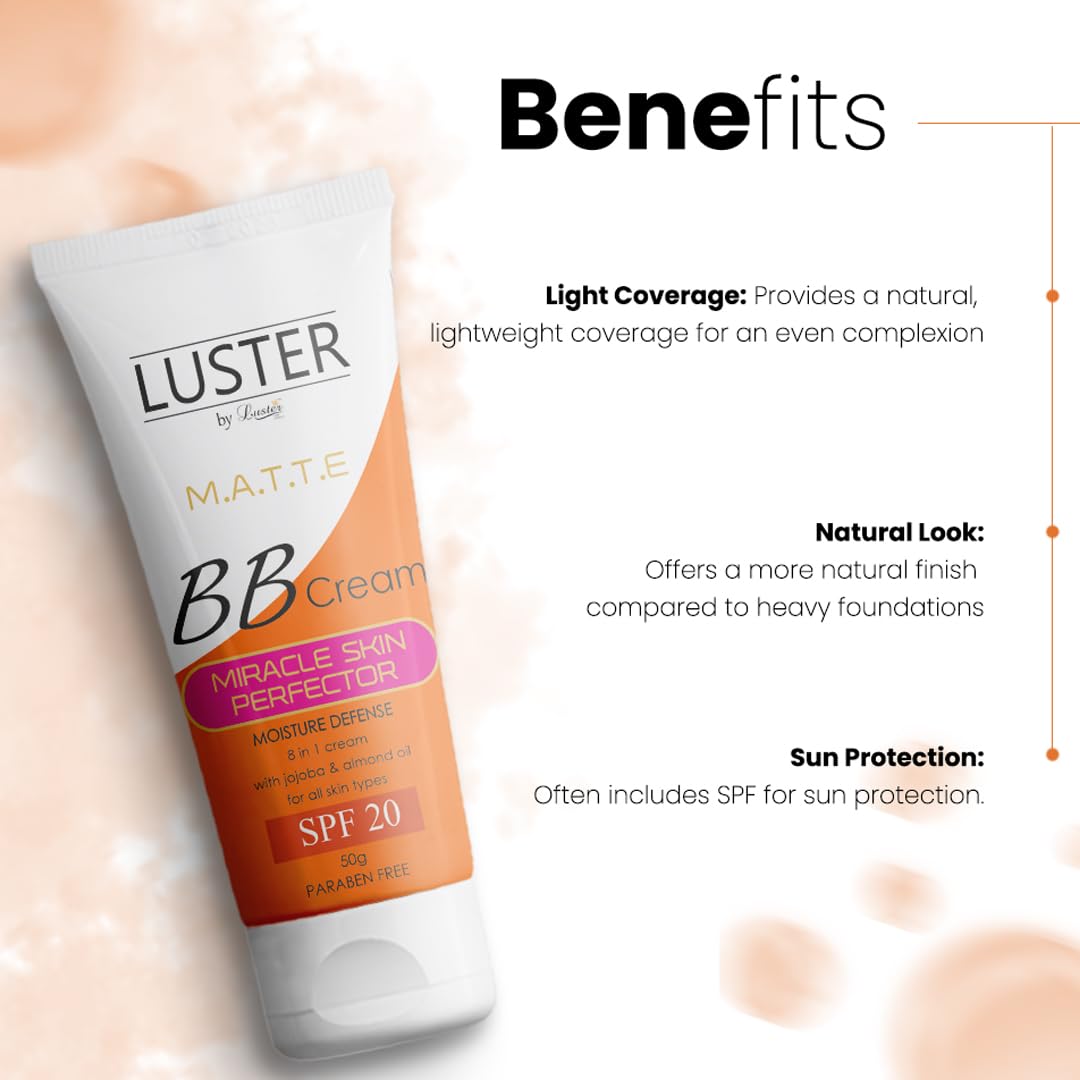Luster BB Cream | Instant Complexion | Miracle Skin Perfecter-SPF 20 | Enriched With Jojoba & Almond Oil | For Dry Skin | For Face Makeup | Paraben