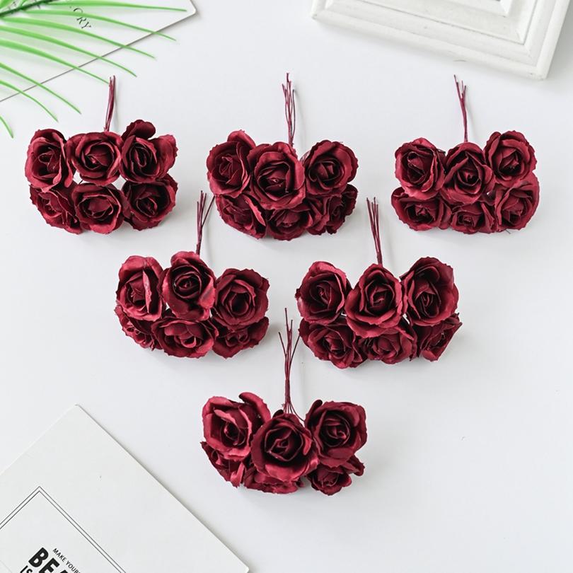 6Pcs Artificial Silk Rose Bundle Fake Flower For Christmas Home Wedding Bridal Bouquet Decoration Accessories Photography Props
