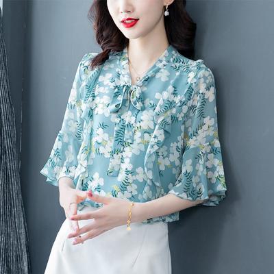 Zomerse Bloemen Chiffon Blouse Top met Korte Mouwen Dameskleding Lotusbladmouw Strikceintuur Temperament Blouse Kleine Blouse