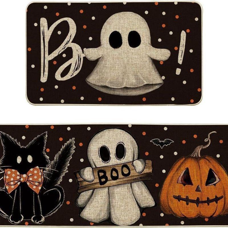 Halloween Kitchen Mat Set Happy Halloween Pumpkin Bat Spider Skull Non Slip Runner Entryway Floor Spooky Decor Washable