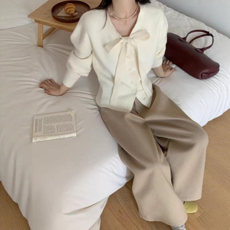 Simple Temperament Bow-tie Long-sleeved Knitted Cardigan Women's Casual Versatile Long-sleeved Jacket