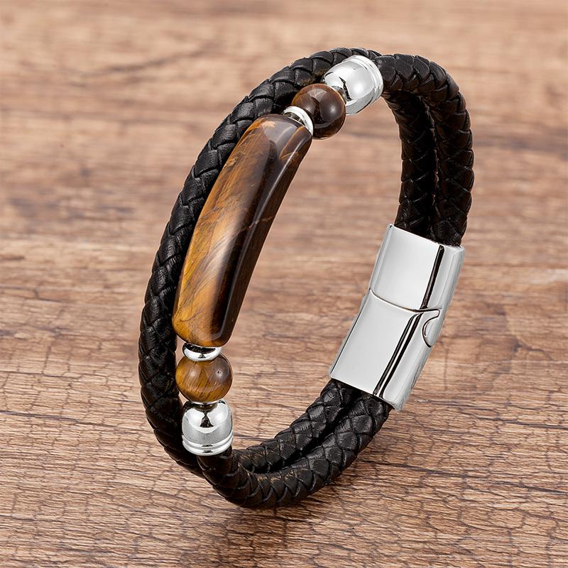 Minimalist Crystal Stone Bracelet Braided Leather Cord Stainless Steel Chain Waterproof Jewelry for Men Women Daily Use