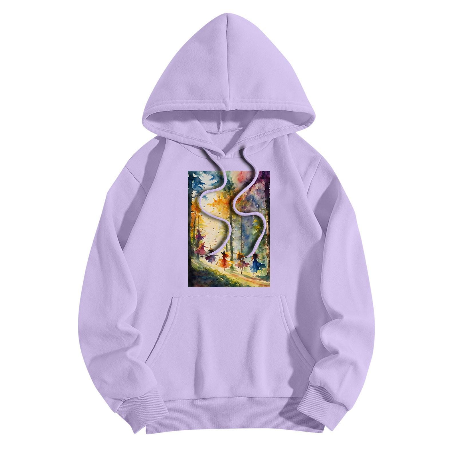 

Женская модная повседневная толстовка с капюшоном и принтом ведьмы на Хэллоуин с карманами и длинными рукавами XL фиолетовый