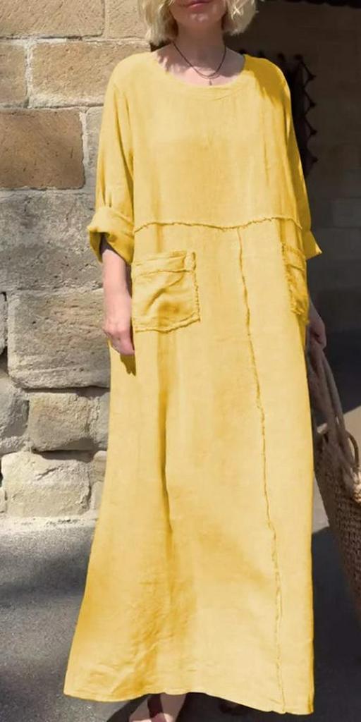 2024 Summer Women's Solid Color Cotton & Linen Dress with Pockets