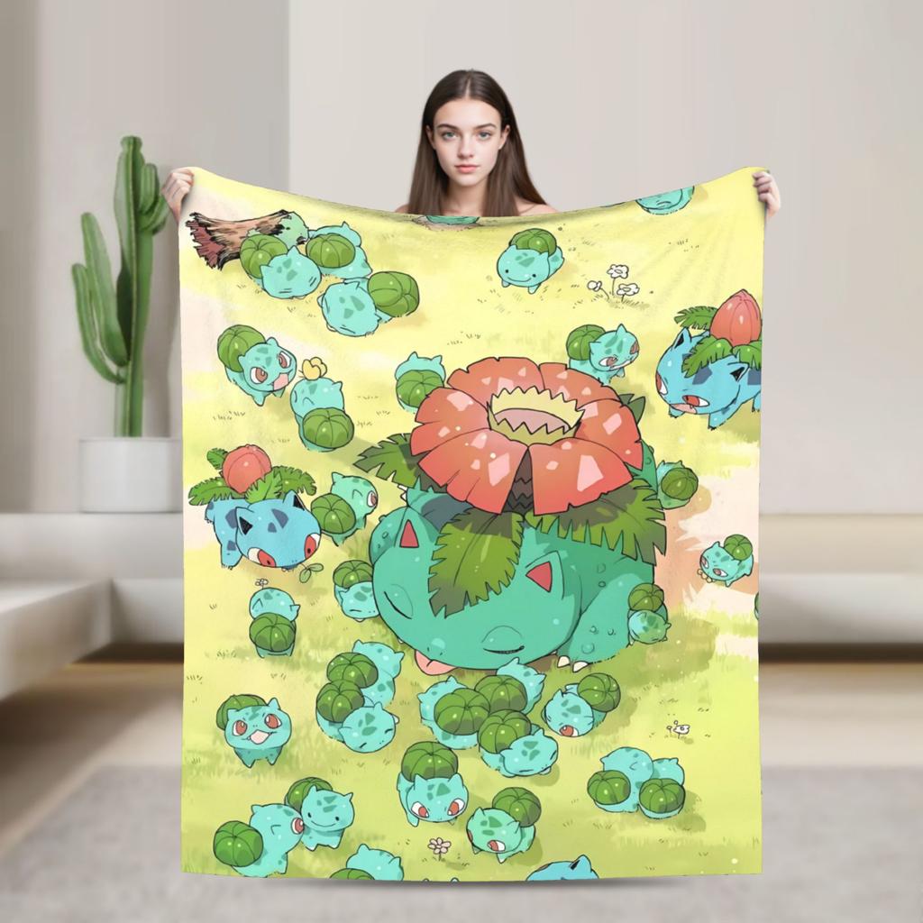 Bulbasaur Giant Flower Manga Plush Blanket Children Flannel Throw Blanket For Outdoor Super Soft Customized Bedspread Gift