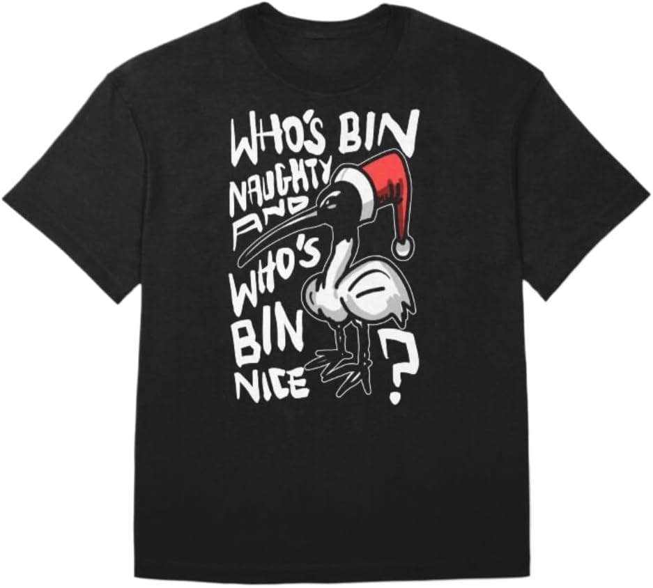 Who s Bin Naughty and Nice Christmas Bin Chicken Graphic T-Shirt, Black Short Sleeve Cotton Unisex Tee S разноцветный