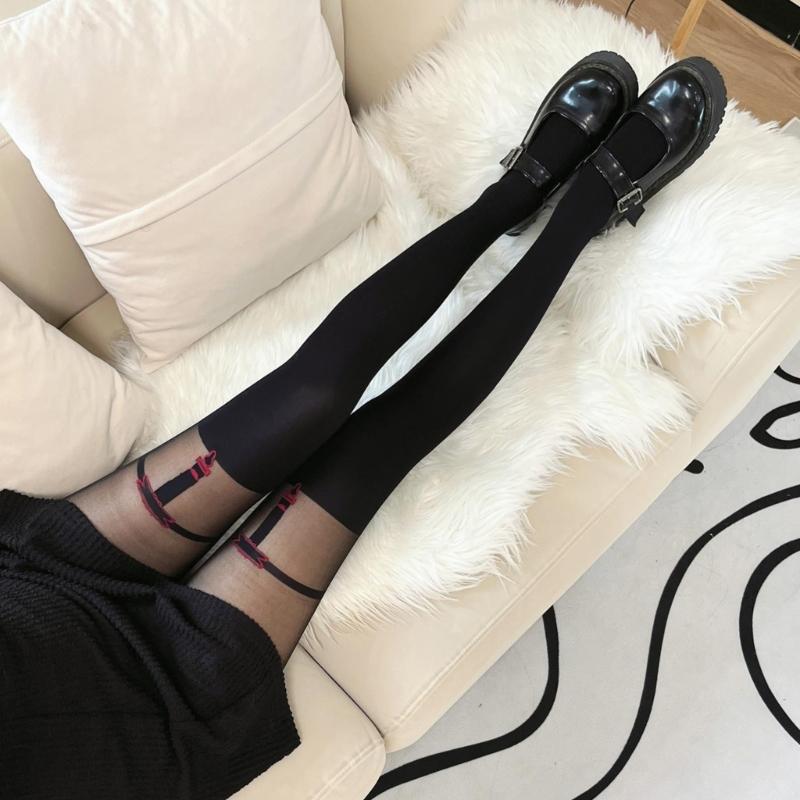 Sexy Women Faux Thigh High Socks Pantyhose Japanese JK Cute Jacquard Pattern Patchwork Stockings Mock Suspender Tights